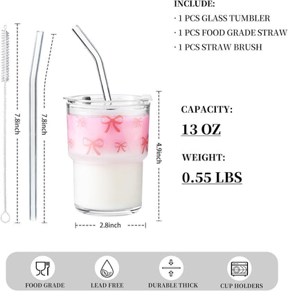 13oz Glass Tumbler with Straw and Lid, Reusable Iced Coffee Cup Tumbler, Cute Glass Cups for Water, Matcha, Travel Coffee Mugs (Cute Cat - 13oz)