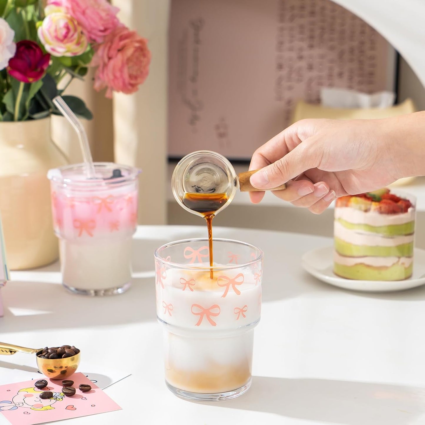 13oz Glass Tumbler with Straw and Lid, Reusable Iced Coffee Cup Tumbler, Cute Glass Cups for Water, Matcha, Travel Coffee Mugs (Cute Cat - 13oz)