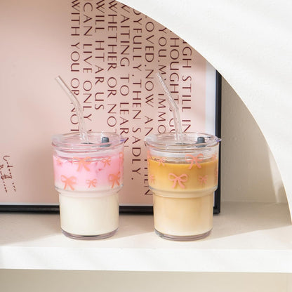 13oz Glass Tumbler with Straw and Lid, Reusable Iced Coffee Cup Tumbler, Cute Glass Cups for Water, Matcha, Travel Coffee Mugs (Cute Cat - 13oz)