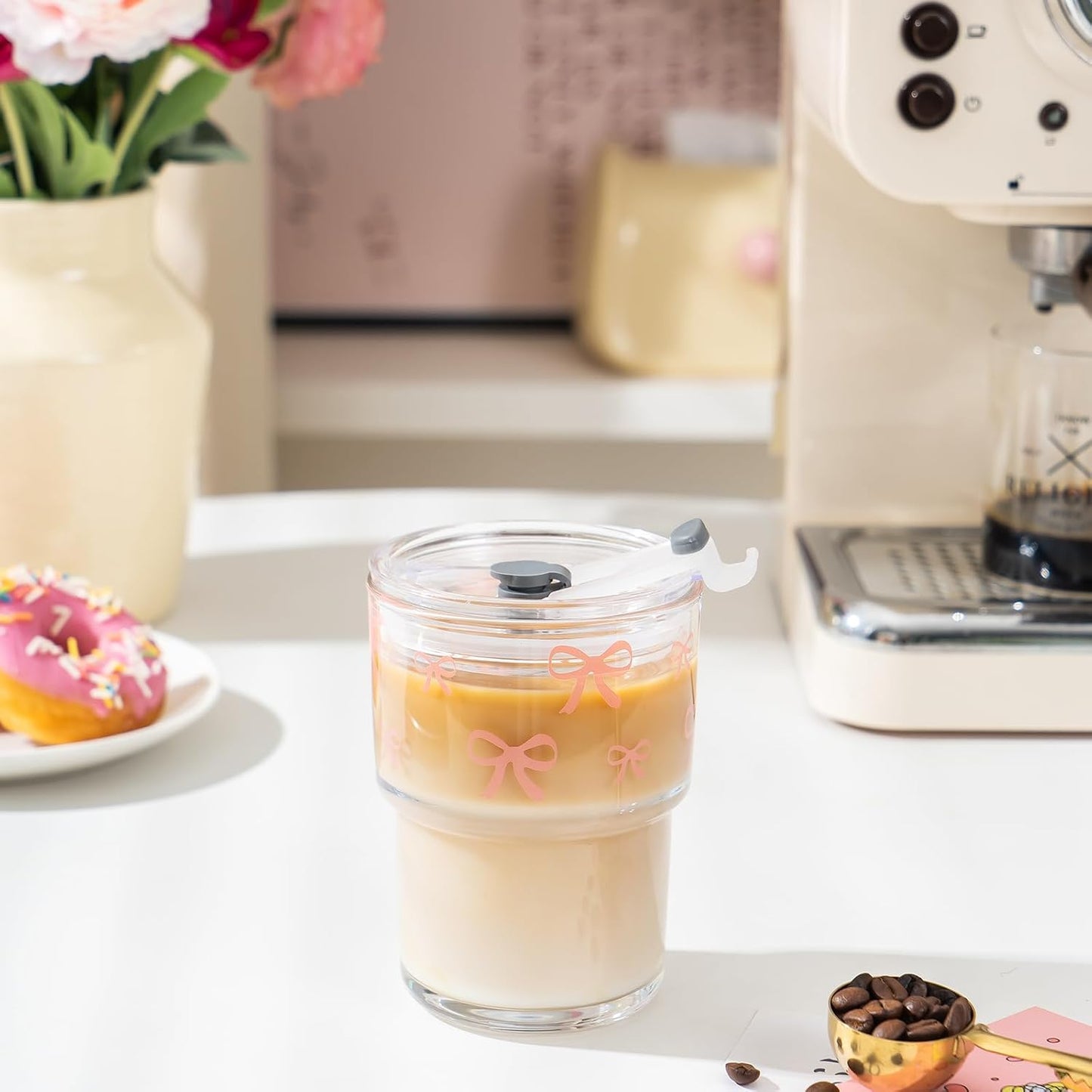 13oz Glass Tumbler with Straw and Lid, Reusable Iced Coffee Cup Tumbler, Cute Glass Cups for Water, Matcha, Travel Coffee Mugs (Cute Cat - 13oz)