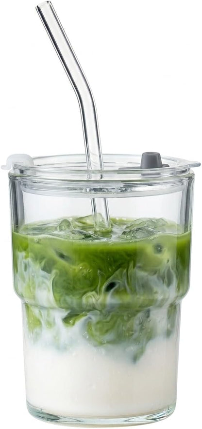 13oz Glass Tumbler with Straw and Lid, Reusable Iced Coffee Cup Tumbler, Cute Glass Cups for Water, Matcha, Travel Coffee Mugs (Cute Cat - 13oz)