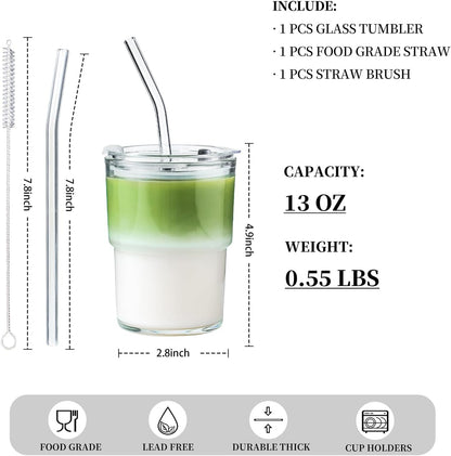 13oz Glass Tumbler with Straw and Lid, Reusable Iced Coffee Cup Tumbler, Cute Glass Cups for Water, Matcha, Travel Coffee Mugs (Cute Cat - 13oz)