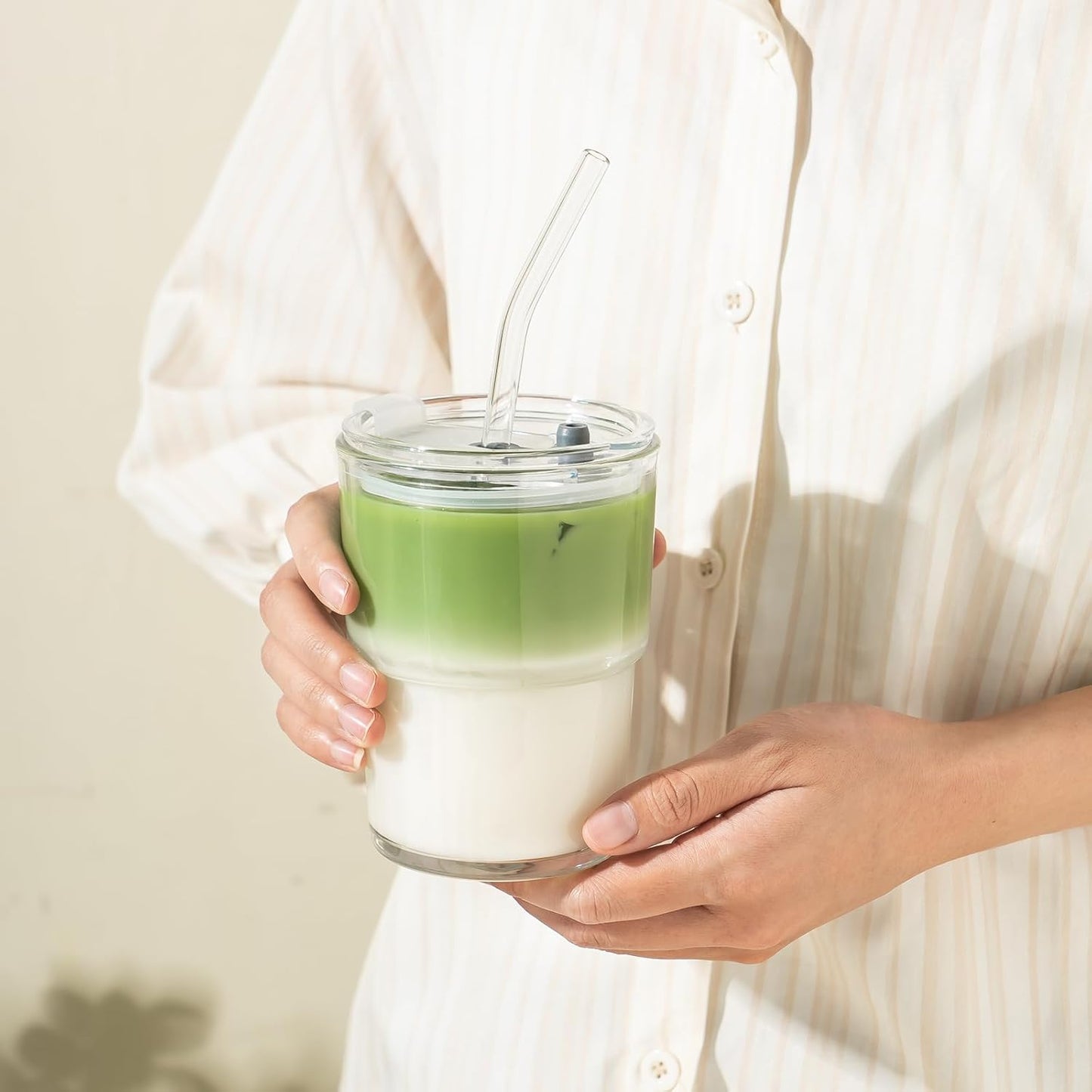 13oz Glass Tumbler with Straw and Lid, Reusable Iced Coffee Cup Tumbler, Cute Glass Cups for Water, Matcha, Travel Coffee Mugs (Cute Cat - 13oz)