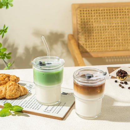 13oz Glass Tumbler with Straw and Lid, Reusable Iced Coffee Cup Tumbler, Cute Glass Cups for Water, Matcha, Travel Coffee Mugs (Cute Cat - 13oz)