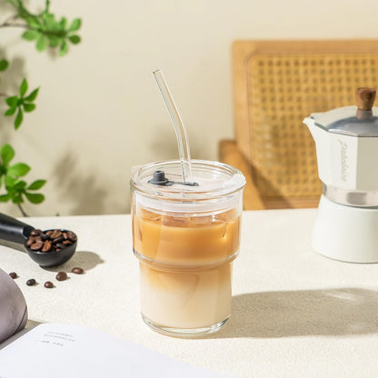 13oz Glass Tumbler with Straw and Lid, Reusable Iced Coffee Cup Tumbler, Cute Glass Cups for Water, Matcha, Travel Coffee Mugs (Cute Cat - 13oz)