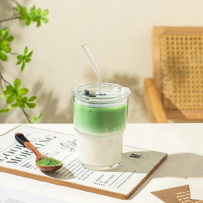 13oz Glass Tumbler with Straw and Lid, Reusable Iced Coffee Cup Tumbler, Cute Glass Cups for Water, Matcha, Travel Coffee Mugs (Cute Cat - 13oz)