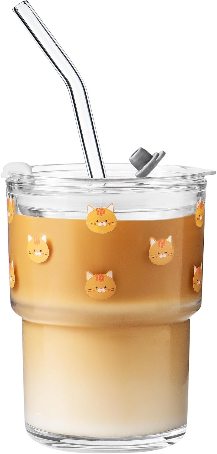 13oz Glass Tumbler with Straw and Lid, Reusable Iced Coffee Cup Tumbler, Cute Glass Cups for Water, Matcha, Travel Coffee Mugs (Cute Cat - 13oz)