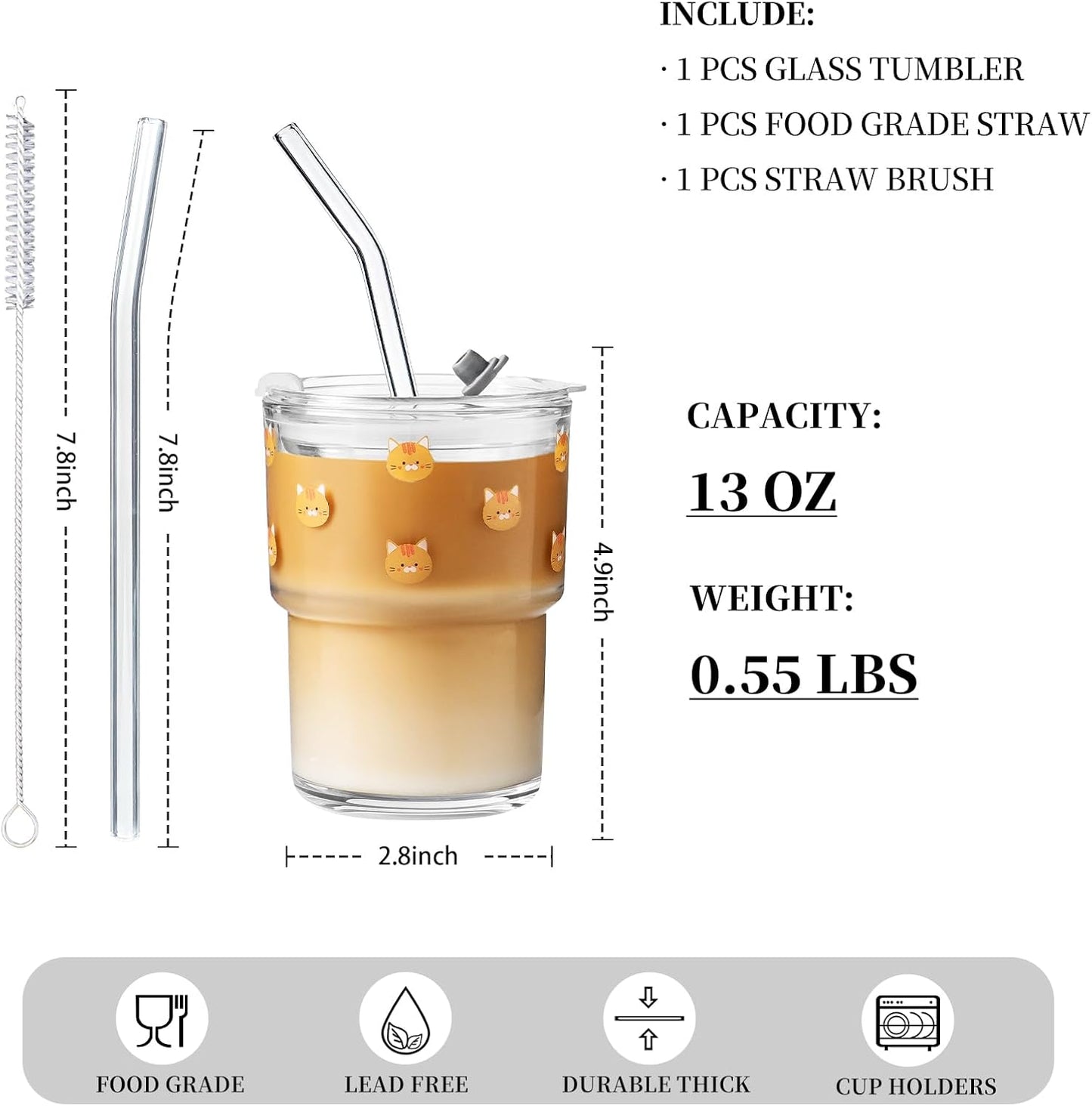 13oz Glass Tumbler with Straw and Lid, Reusable Iced Coffee Cup Tumbler, Cute Glass Cups for Water, Matcha, Travel Coffee Mugs (Cute Cat - 13oz)