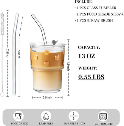 13oz Glass Tumbler with Straw and Lid, Reusable Iced Coffee Cup Tumbler, Cute Glass Cups for Water, Matcha, Travel Coffee Mugs (Cute Cat - 13oz)