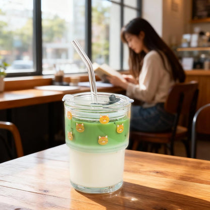 13oz Glass Tumbler with Straw and Lid, Reusable Iced Coffee Cup Tumbler, Cute Glass Cups for Water, Matcha, Travel Coffee Mugs (Cute Cat - 13oz)