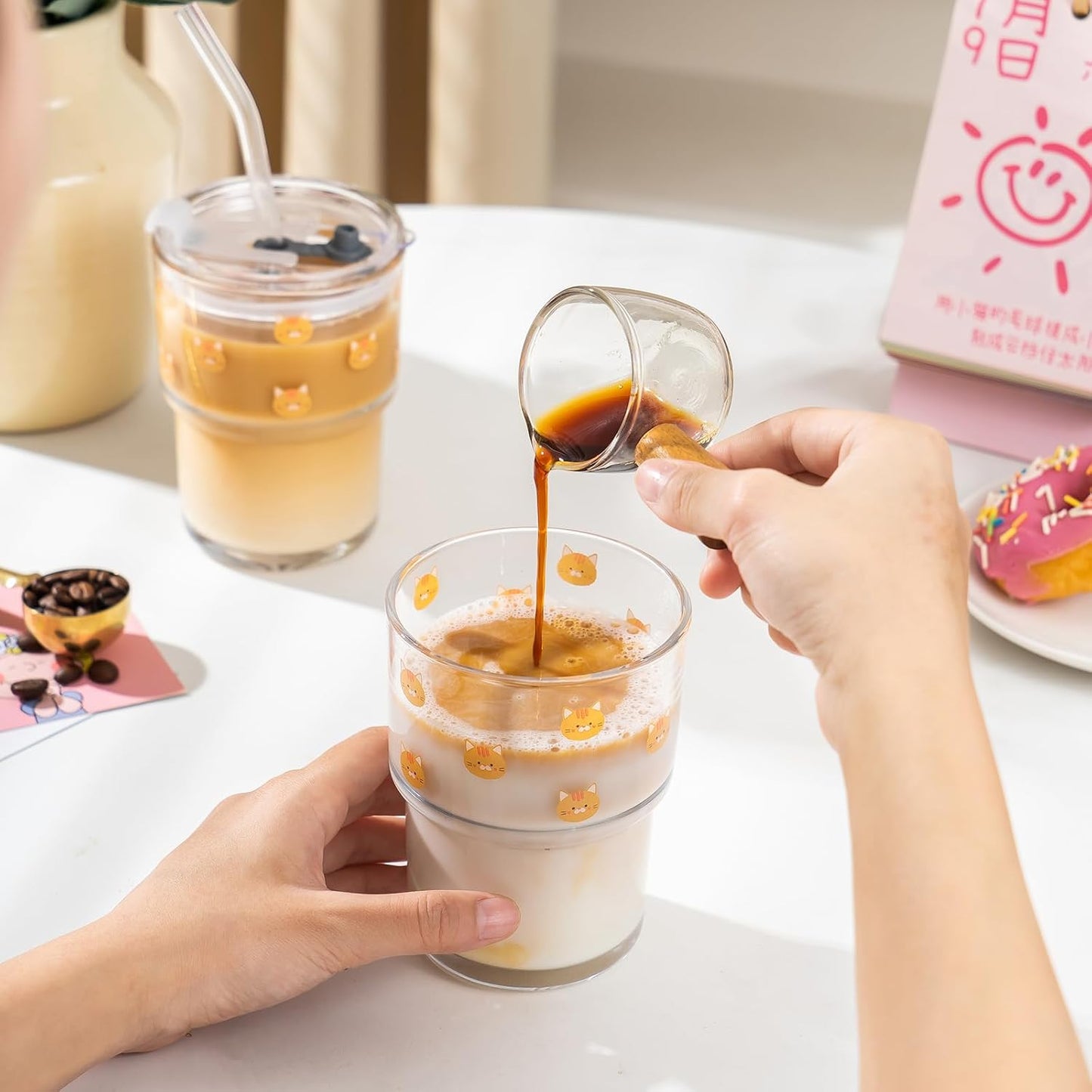 13oz Glass Tumbler with Straw and Lid, Reusable Iced Coffee Cup Tumbler, Cute Glass Cups for Water, Matcha, Travel Coffee Mugs (Cute Cat - 13oz)