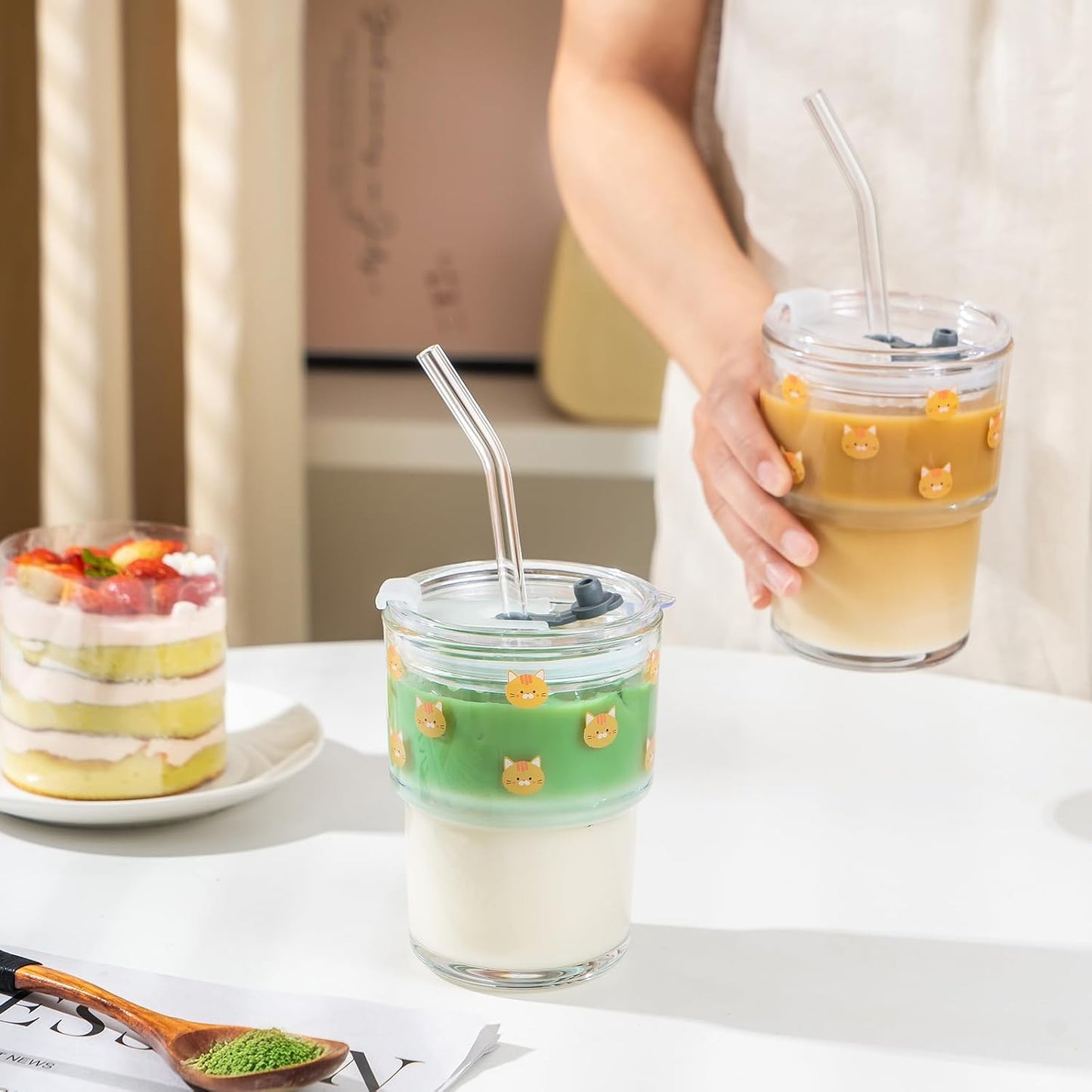 13oz Glass Tumbler with Straw and Lid, Reusable Iced Coffee Cup Tumbler, Cute Glass Cups for Water, Matcha, Travel Coffee Mugs (Cute Cat - 13oz)