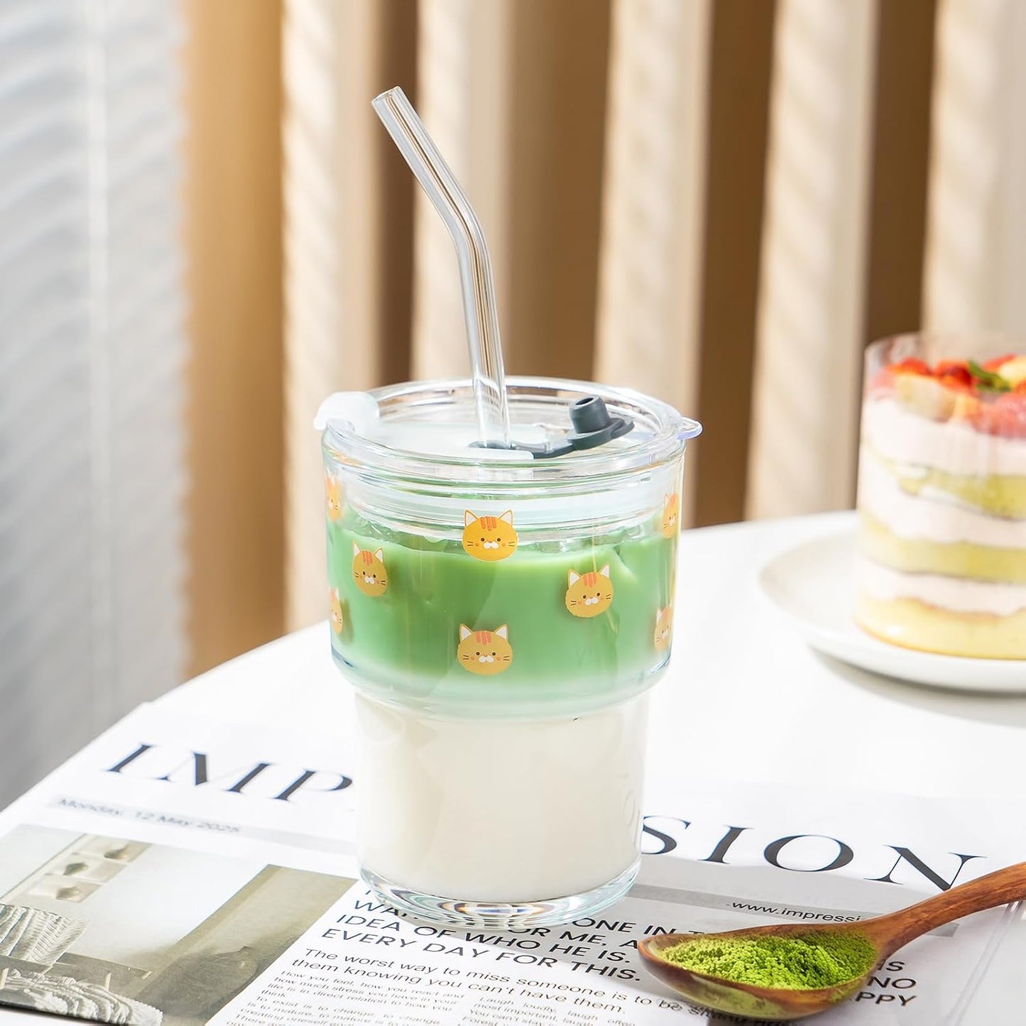 13oz Glass Tumbler with Straw and Lid, Reusable Iced Coffee Cup Tumbler, Cute Glass Cups for Water, Matcha, Travel Coffee Mugs (Cute Cat - 13oz)