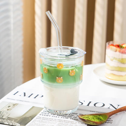 13oz Glass Tumbler with Straw and Lid, Reusable Iced Coffee Cup Tumbler, Cute Glass Cups for Water, Matcha, Travel Coffee Mugs (Cute Cat - 13oz)