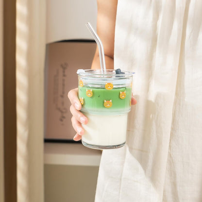 13oz Glass Tumbler with Straw and Lid, Reusable Iced Coffee Cup Tumbler, Cute Glass Cups for Water, Matcha, Travel Coffee Mugs (Cute Cat - 13oz)