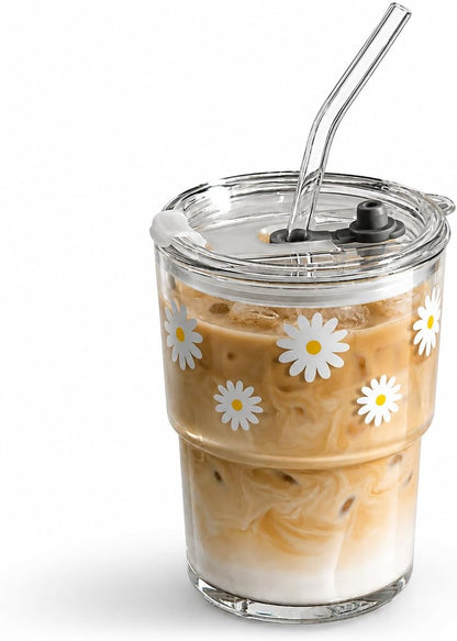 13oz Glass Tumbler with Straw and Lid, Reusable Iced Coffee Cup Tumbler, Cute Glass Cups for Water, Matcha, Travel Coffee Mugs (Cute Cat - 13oz)
