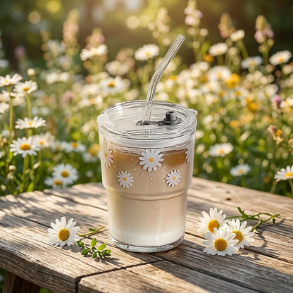 13oz Glass Tumbler with Straw and Lid, Reusable Iced Coffee Cup Tumbler, Cute Glass Cups for Water, Matcha, Travel Coffee Mugs (Cute Cat - 13oz)