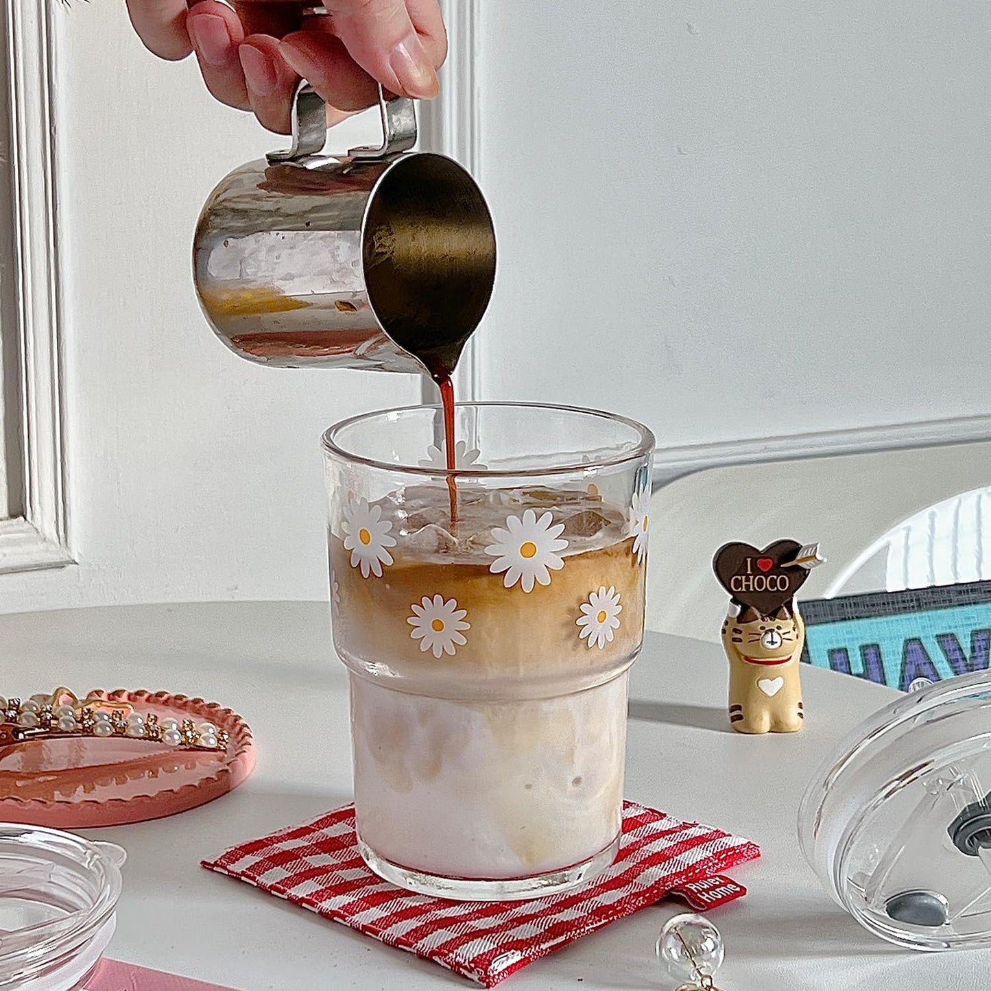 13oz Glass Tumbler with Straw and Lid, Reusable Iced Coffee Cup Tumbler, Cute Glass Cups for Water, Matcha, Travel Coffee Mugs (Cute Cat - 13oz)