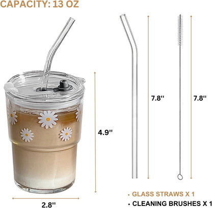 13oz Glass Tumbler with Straw and Lid, Reusable Iced Coffee Cup Tumbler, Cute Glass Cups for Water, Matcha, Travel Coffee Mugs (Cute Cat - 13oz)