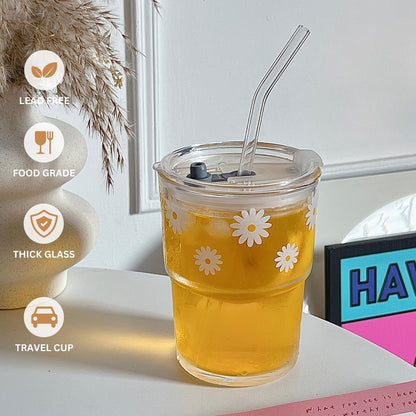 13oz Glass Tumbler with Straw and Lid, Reusable Iced Coffee Cup Tumbler, Cute Glass Cups for Water, Matcha, Travel Coffee Mugs (Cute Cat - 13oz)