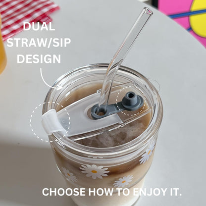 13oz Glass Tumbler with Straw and Lid, Reusable Iced Coffee Cup Tumbler, Cute Glass Cups for Water, Matcha, Travel Coffee Mugs (Cute Cat - 13oz)