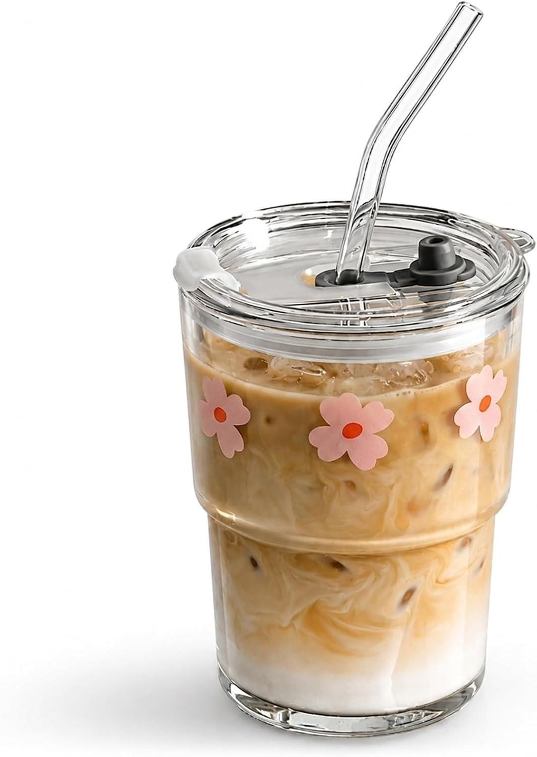 13oz Glass Tumbler with Straw and Lid, Reusable Iced Coffee Cup Tumbler, Cute Glass Cups for Water, Matcha, Travel Coffee Mugs (Cute Cat - 13oz)