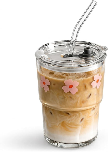 13oz Glass Tumbler with Straw and Lid, Reusable Iced Coffee Cup Tumbler, Cute Glass Cups for Water, Matcha, Travel Coffee Mugs (Cute Cat - 13oz)