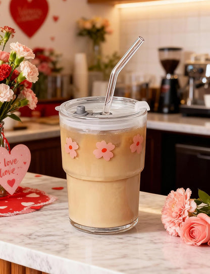 13oz Glass Tumbler with Straw and Lid, Reusable Iced Coffee Cup Tumbler, Cute Glass Cups for Water, Matcha, Travel Coffee Mugs (Cute Cat - 13oz)