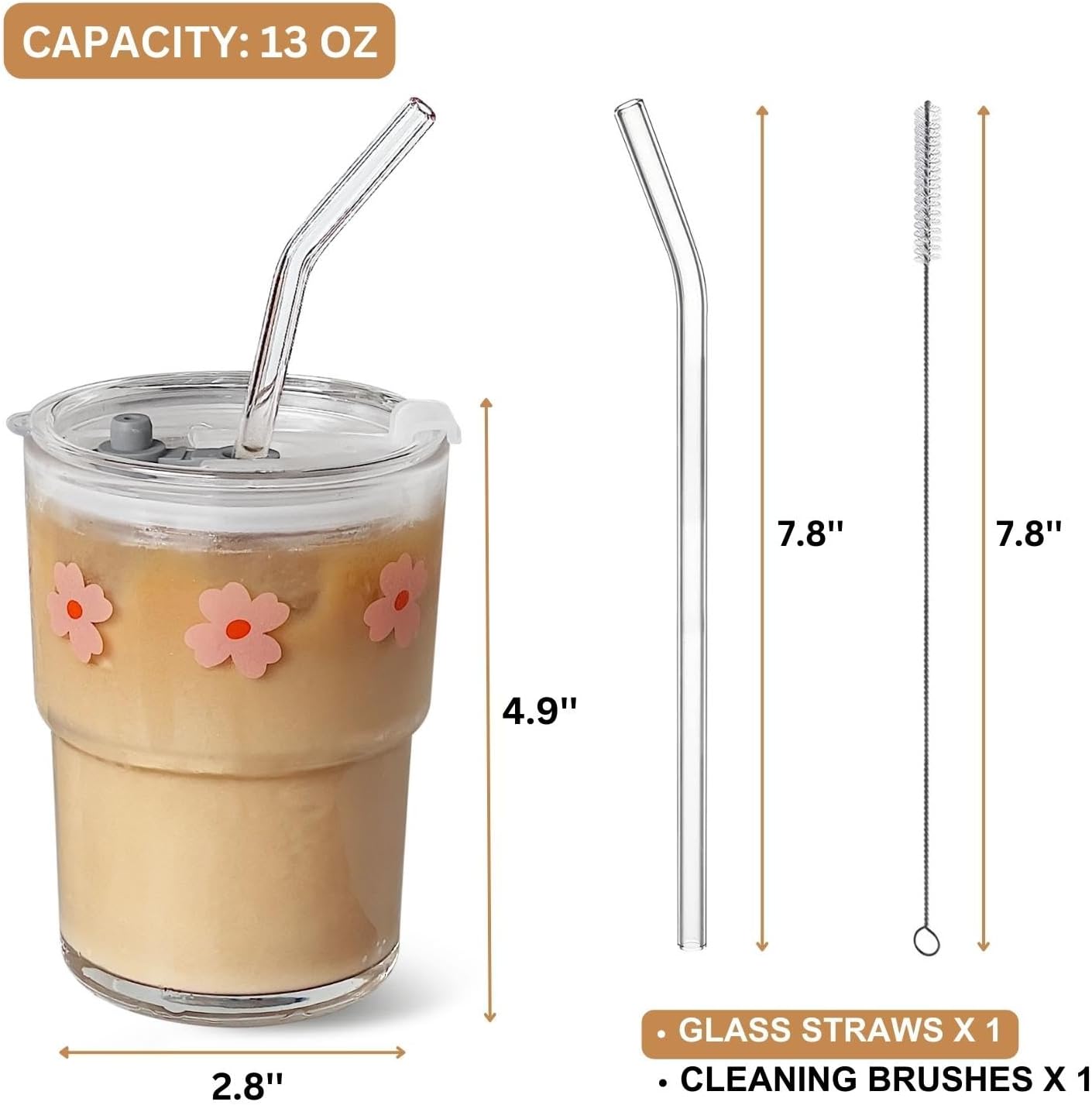 13oz Glass Tumbler with Straw and Lid, Reusable Iced Coffee Cup Tumbler, Cute Glass Cups for Water, Matcha, Travel Coffee Mugs (Cute Cat - 13oz)