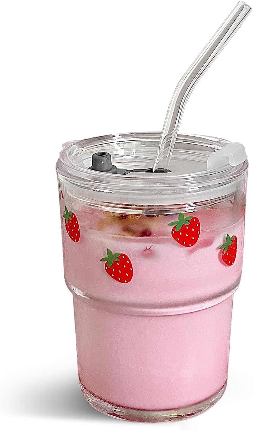 13oz Glass Tumbler with Straw and Lid, Reusable Iced Coffee Cup Tumbler, Cute Glass Cups for Water, Matcha, Travel Coffee Mugs (Cute Cat - 13oz)