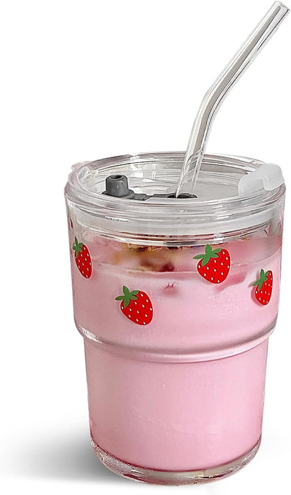 13oz Glass Tumbler with Straw and Lid, Reusable Iced Coffee Cup Tumbler, Cute Glass Cups for Water, Matcha, Travel Coffee Mugs (Cute Cat - 13oz)