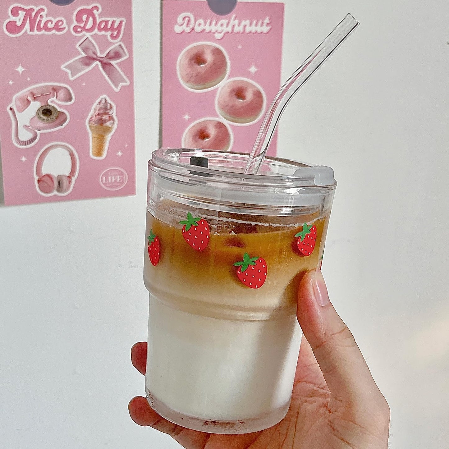 13oz Glass Tumbler with Straw and Lid, Reusable Iced Coffee Cup Tumbler, Cute Glass Cups for Water, Matcha, Travel Coffee Mugs (Cute Cat - 13oz)