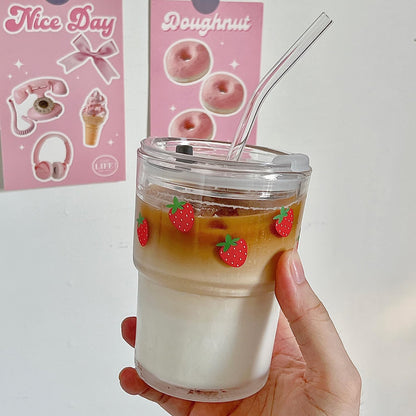 13oz Glass Tumbler with Straw and Lid, Reusable Iced Coffee Cup Tumbler, Cute Glass Cups for Water, Matcha, Travel Coffee Mugs (Cute Cat - 13oz)