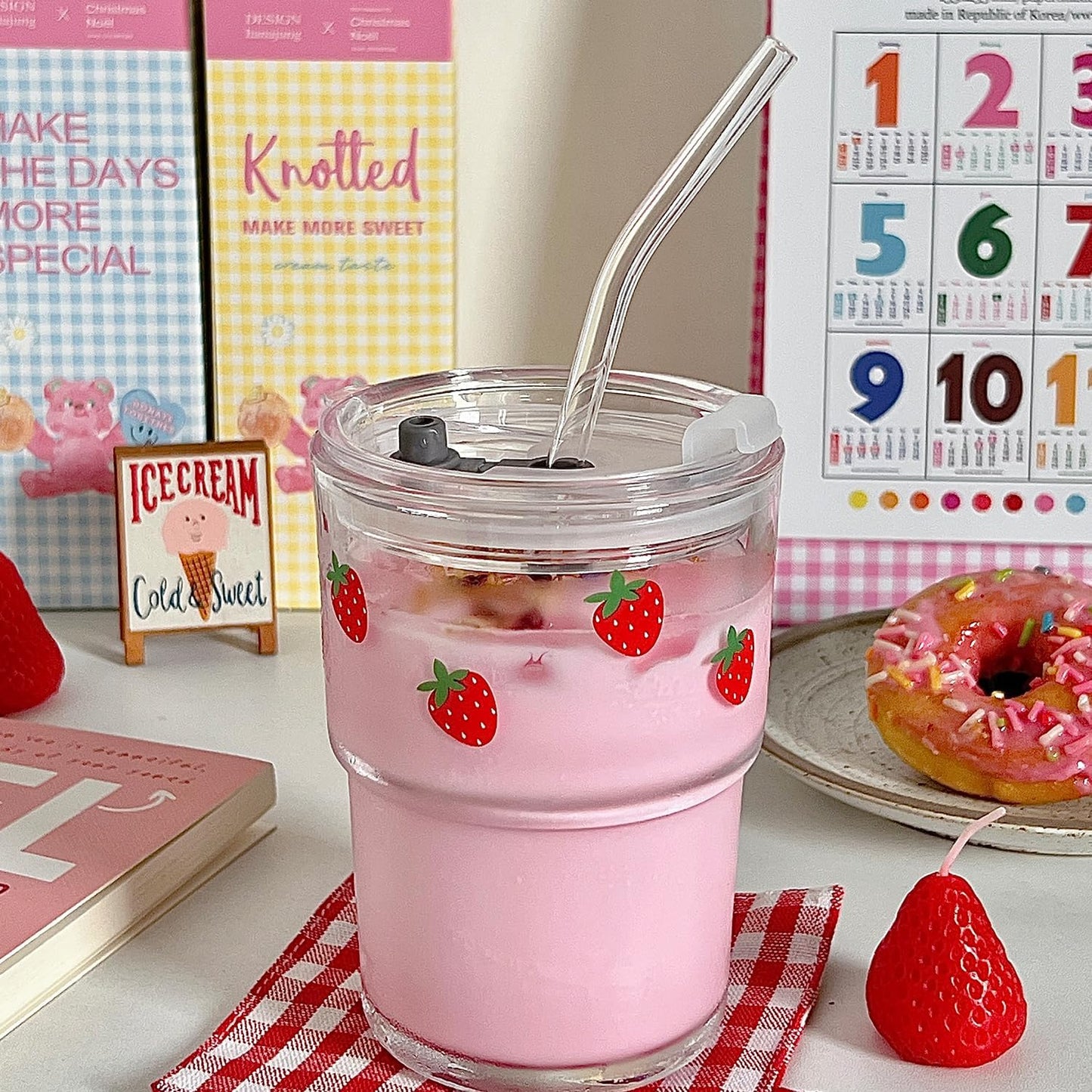 13oz Glass Tumbler with Straw and Lid, Reusable Iced Coffee Cup Tumbler, Cute Glass Cups for Water, Matcha, Travel Coffee Mugs (Cute Cat - 13oz)