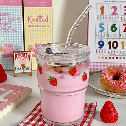 13oz Glass Tumbler with Straw and Lid, Reusable Iced Coffee Cup Tumbler, Cute Glass Cups for Water, Matcha, Travel Coffee Mugs (Cute Cat - 13oz)