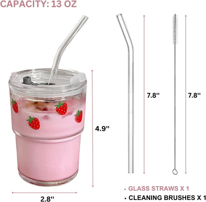 13oz Glass Tumbler with Straw and Lid, Reusable Iced Coffee Cup Tumbler, Cute Glass Cups for Water, Matcha, Travel Coffee Mugs (Cute Cat - 13oz)