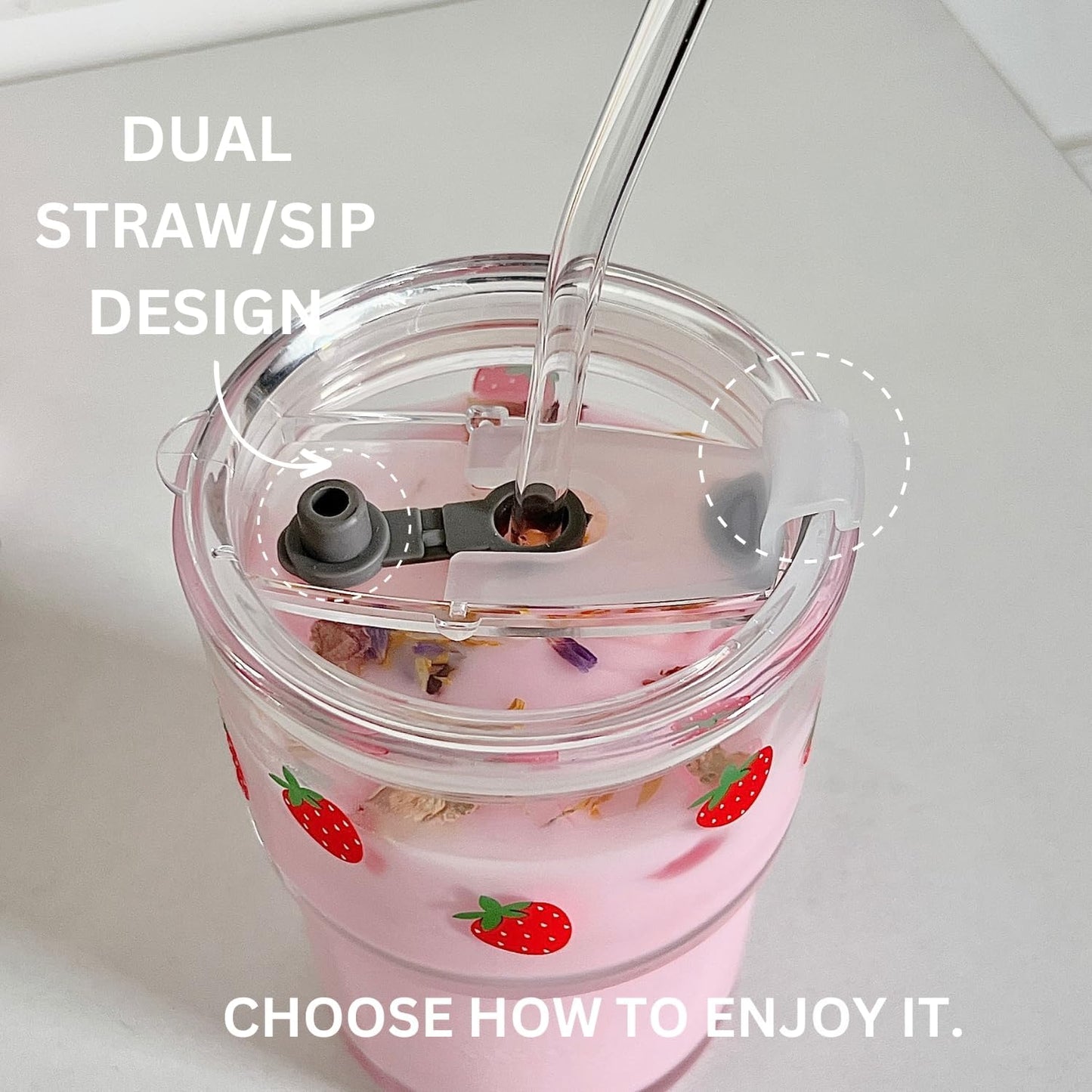 13oz Glass Tumbler with Straw and Lid, Reusable Iced Coffee Cup Tumbler, Cute Glass Cups for Water, Matcha, Travel Coffee Mugs (Cute Cat - 13oz)
