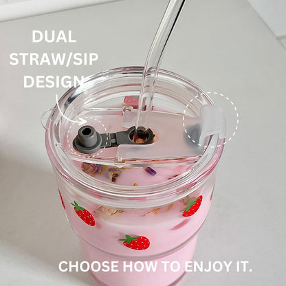 13oz Glass Tumbler with Straw and Lid, Reusable Iced Coffee Cup Tumbler, Cute Glass Cups for Water, Matcha, Travel Coffee Mugs (Cute Cat - 13oz)
