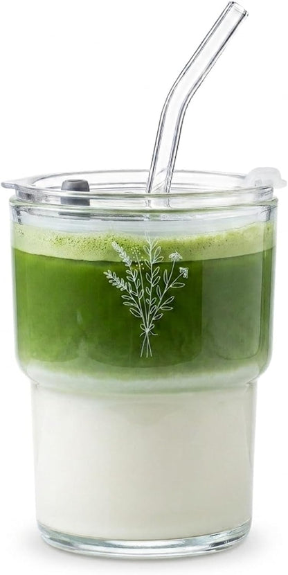 13oz Glass Tumbler with Straw and Lid, Reusable Iced Coffee Cup Tumbler, Cute Glass Cups for Water, Matcha, Travel Coffee Mugs (Cute Cat - 13oz)