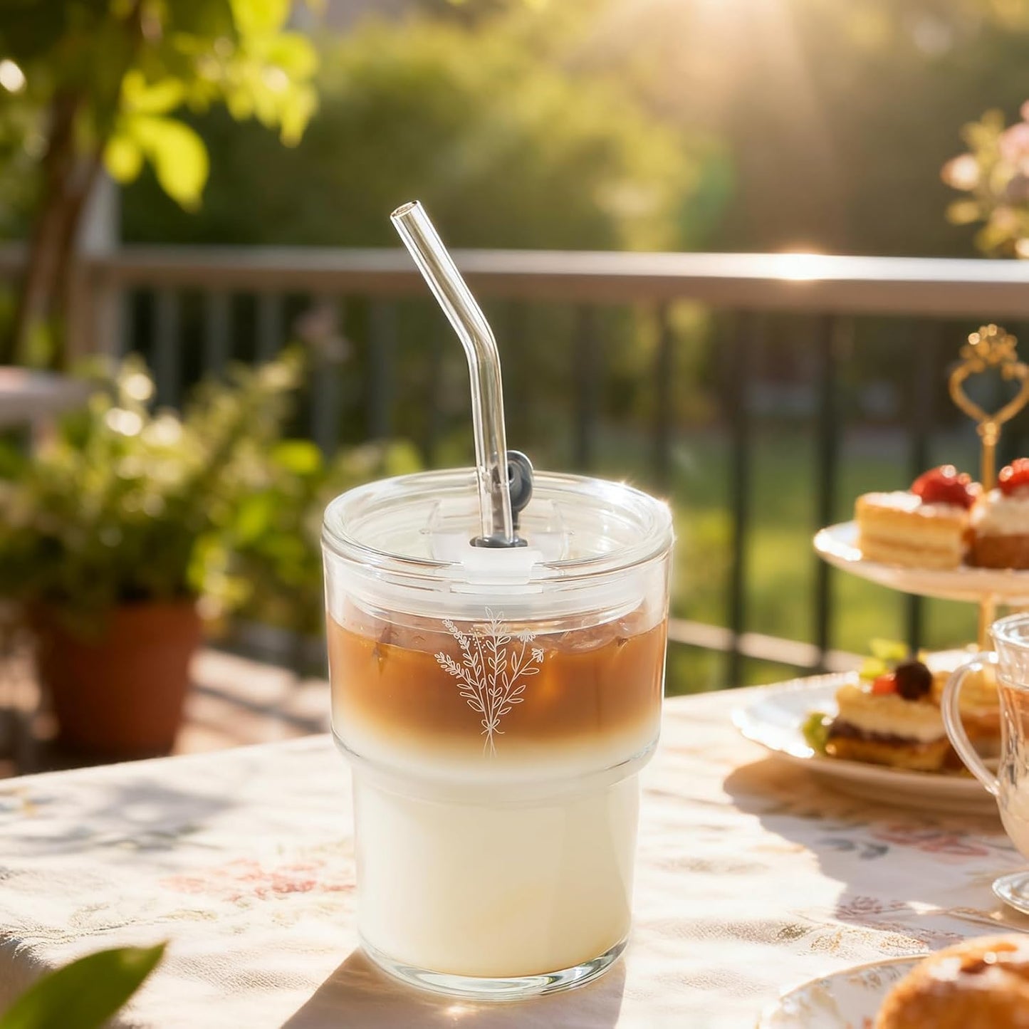 13oz Glass Tumbler with Straw and Lid, Reusable Iced Coffee Cup Tumbler, Cute Glass Cups for Water, Matcha, Travel Coffee Mugs (Cute Cat - 13oz)