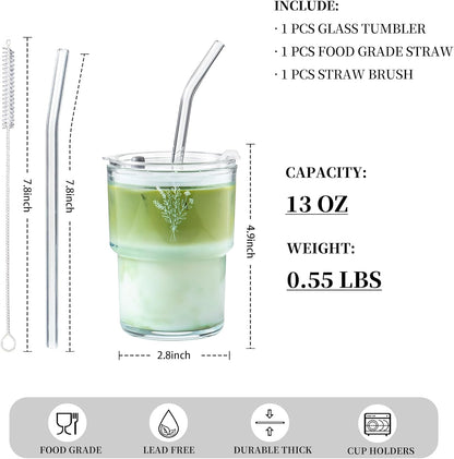 13oz Glass Tumbler with Straw and Lid, Reusable Iced Coffee Cup Tumbler, Cute Glass Cups for Water, Matcha, Travel Coffee Mugs (Cute Cat - 13oz)