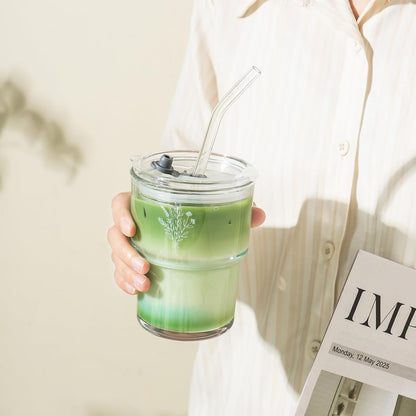 13oz Glass Tumbler with Straw and Lid, Reusable Iced Coffee Cup Tumbler, Cute Glass Cups for Water, Matcha, Travel Coffee Mugs (Cute Cat - 13oz)