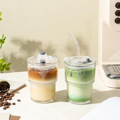 13oz Glass Tumbler with Straw and Lid, Reusable Iced Coffee Cup Tumbler, Cute Glass Cups for Water, Matcha, Travel Coffee Mugs (Cute Cat - 13oz)