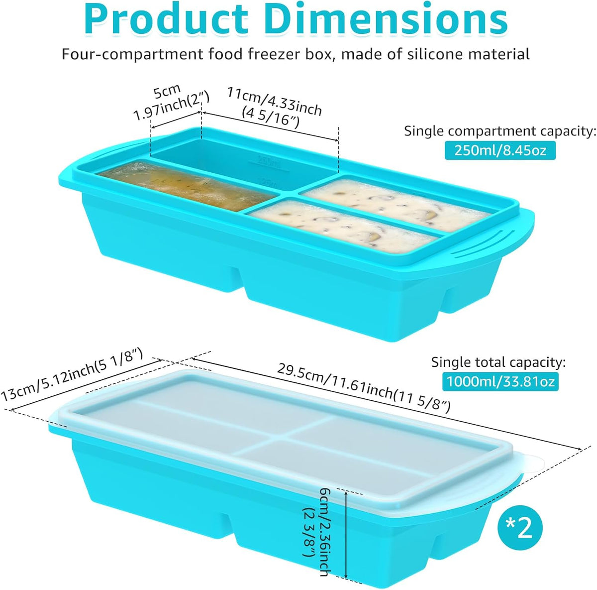 2 Pack Silicone Freezer Mold with Lid 4 Compartment Airtight Silicone Food Freezer Tray for Meal Prep Puree Soup Sauce and Broth Dishwasher Safe