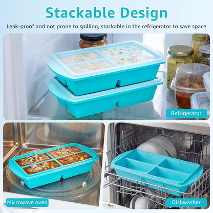 2 Pack Silicone Freezer Mold with Lid 4 Compartment Airtight Silicone Food Freezer Tray for Meal Prep Puree Soup Sauce and Broth Dishwasher Safe
