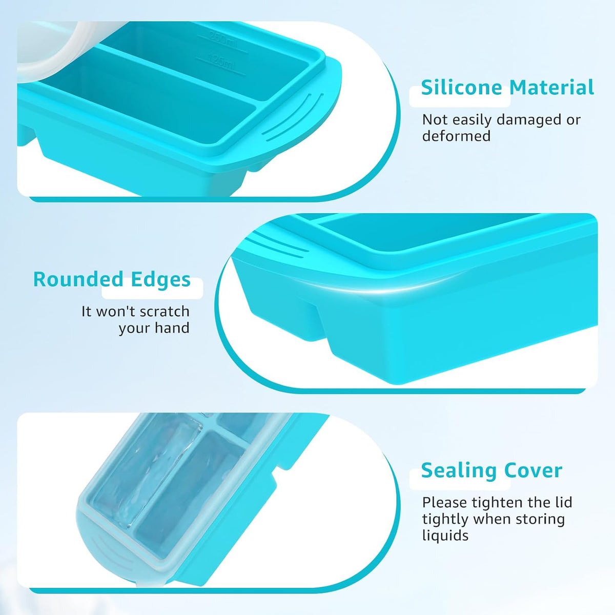 2 Pack Silicone Freezer Mold with Lid 4 Compartment Airtight Silicone Food Freezer Tray for Meal Prep Puree Soup Sauce and Broth Dishwasher Safe