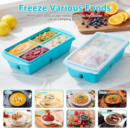 2 Pack Silicone Freezer Mold with Lid 4 Compartment Airtight Silicone Food Freezer Tray for Meal Prep Puree Soup Sauce and Broth Dishwasher Safe