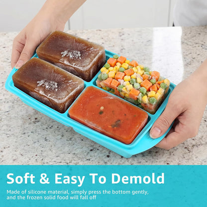 2 Pack Silicone Freezer Mold with Lid 4 Compartment Airtight Silicone Food Freezer Tray for Meal Prep Puree Soup Sauce and Broth Dishwasher Safe