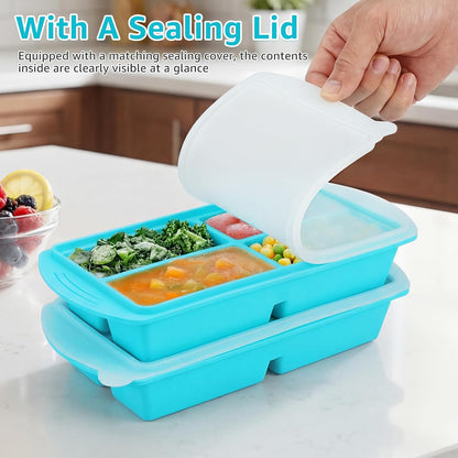 2 Pack Silicone Freezer Mold with Lid 4 Compartment Airtight Silicone Food Freezer Tray for Meal Prep Puree Soup Sauce and Broth Dishwasher Safe