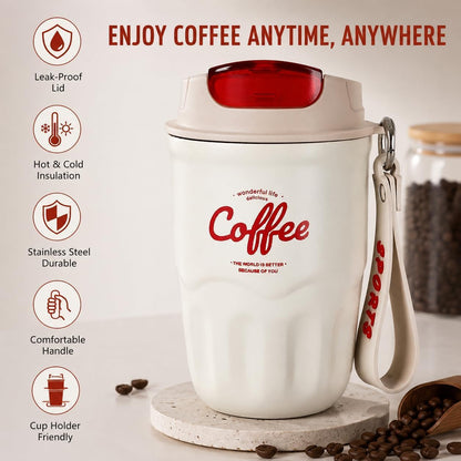 Coffee Vacuum Flask, 12oz Portable Coffee Cup with Lid & Handle, 316 Stainless Steel Insulated Water Drinkware, Hot Cold Travel Coffee Mugs for Home, Office, and Outdoor Use (Beige,Digital)